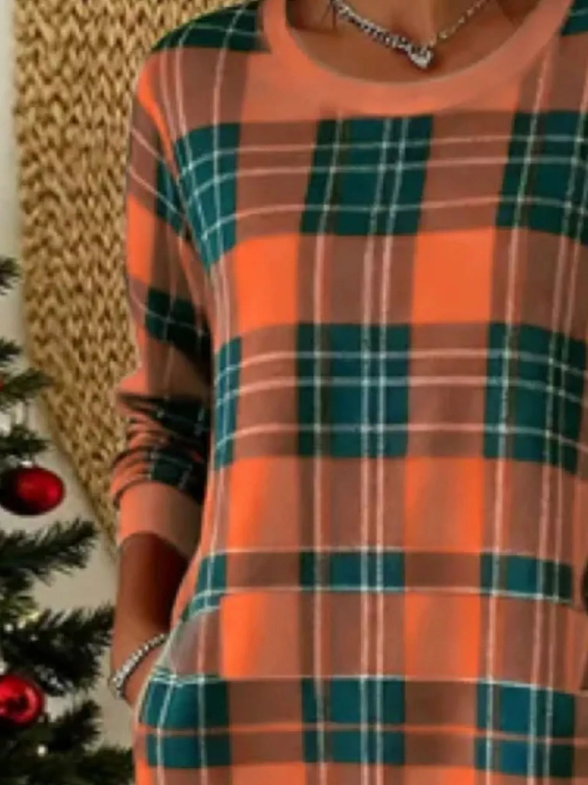 Full Size Plaid Long Sleeve Crew Neck Dress with Pockets Plus Size