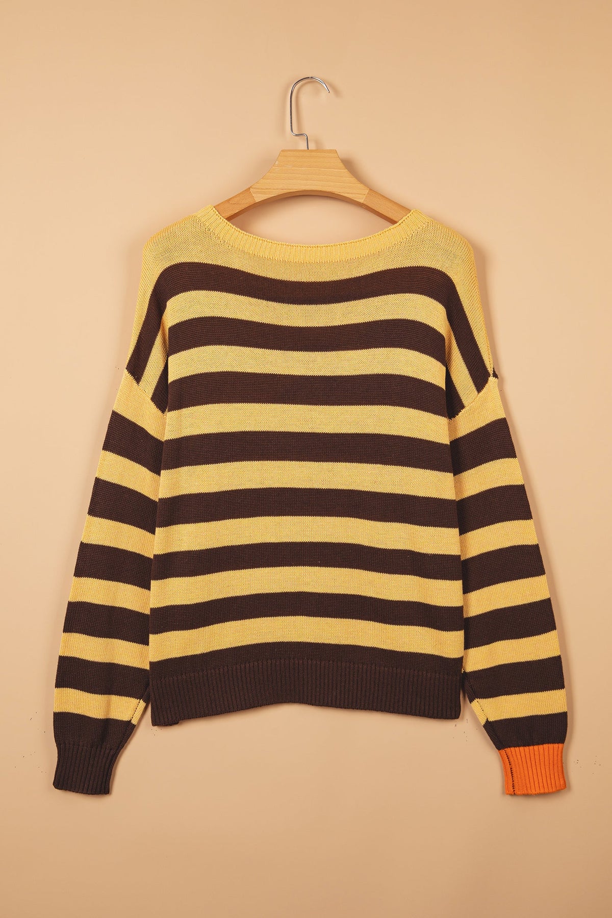 Brown Stripe Striped Drop Shoulder Colorblock Pullover Sweater