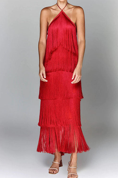 Chicest Halter Ruffle Layered Fringe Maxi Party Dress Red