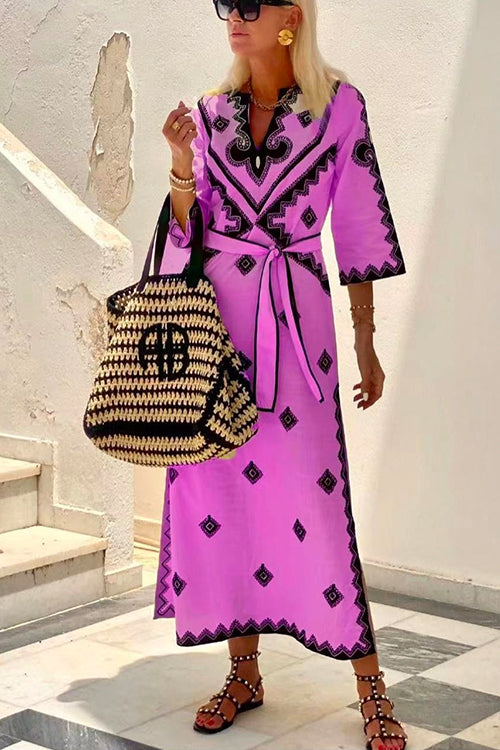 V Neck Tie Waist Side Split Bohemia Printed Maxi Dress HotPink