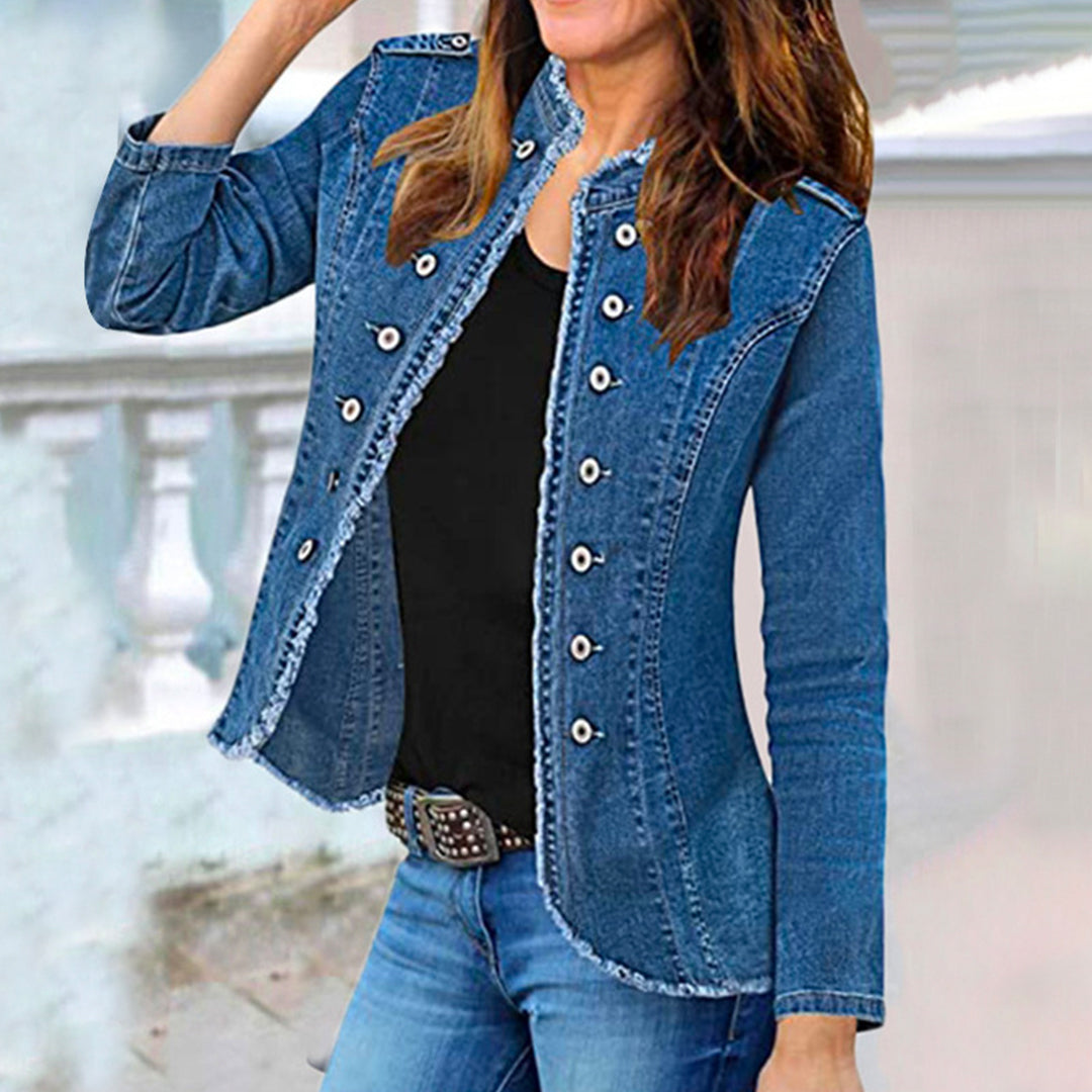 Stand Collar Double Breasted Raw Hem Denim Jacket Blue