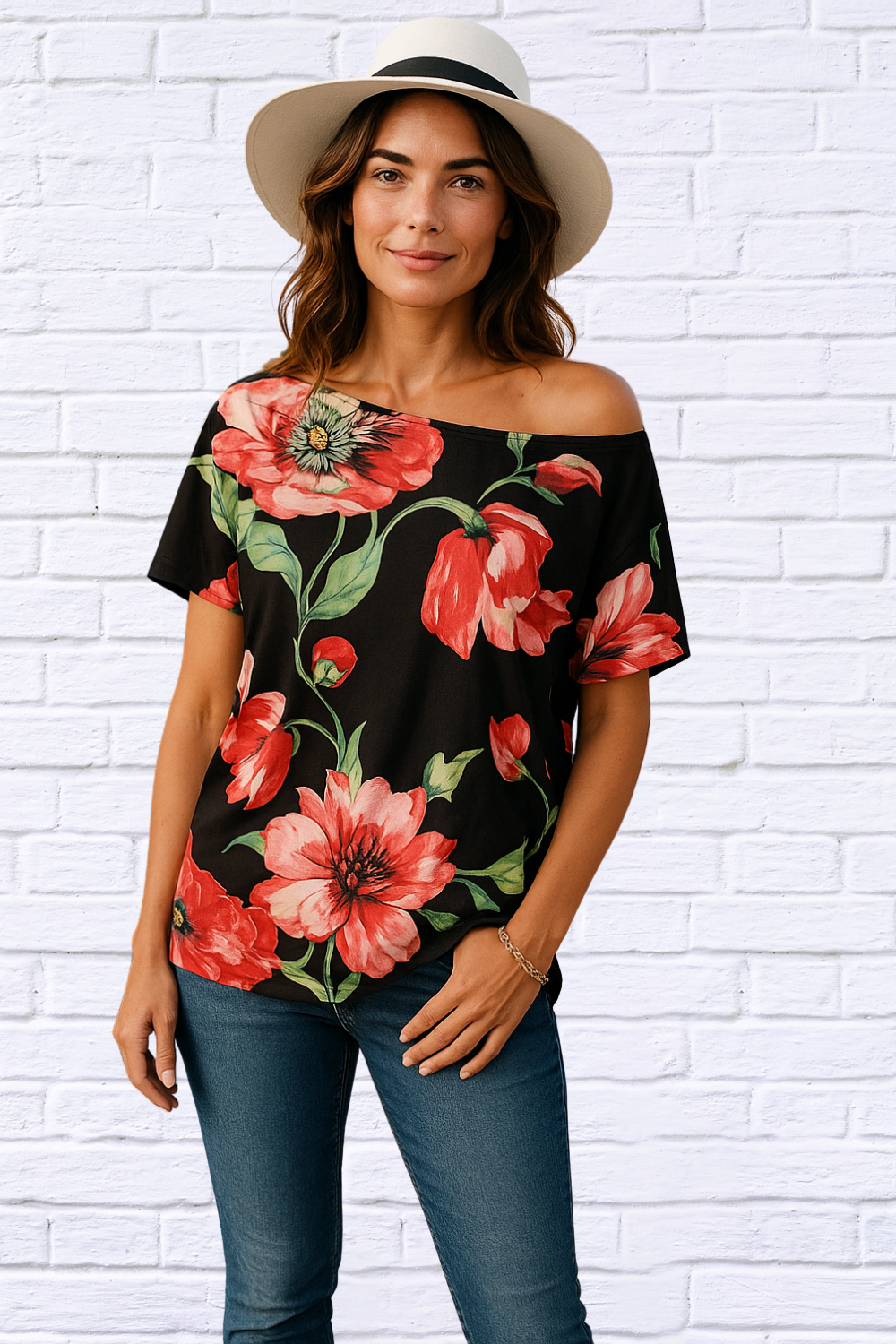 Floral Off The Shoulder Top - Black with Big Print Flower medium