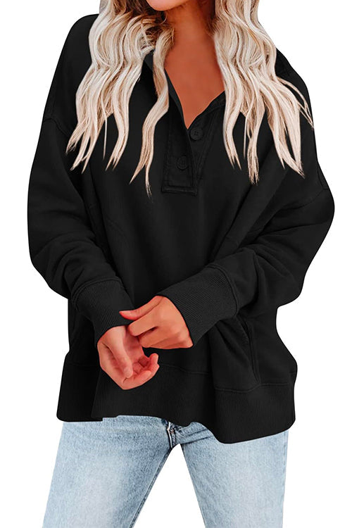 Stand Collar Button Up Pocketed Casual Sweatshirt Black