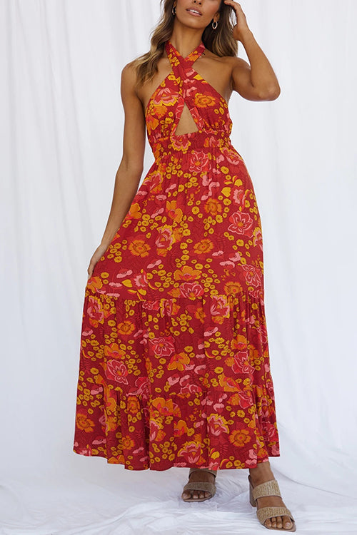 Criss Cross Halter Backless Cut Out Slit Floral Maxi Dress Red