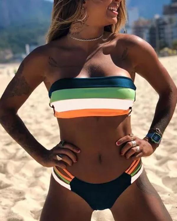 Clidress Neon Rainbow Stripes Two Piece Bikini Set