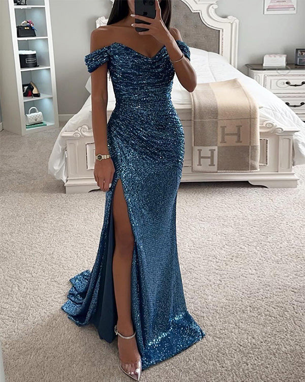 Clidress V Neck Sequins Slit Maxi Party Dress