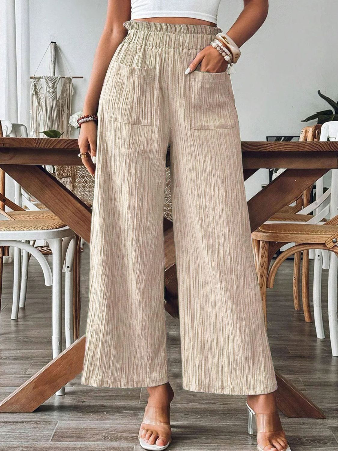 Green Pocketed Elastic Waist Wide Leg Pants Tan