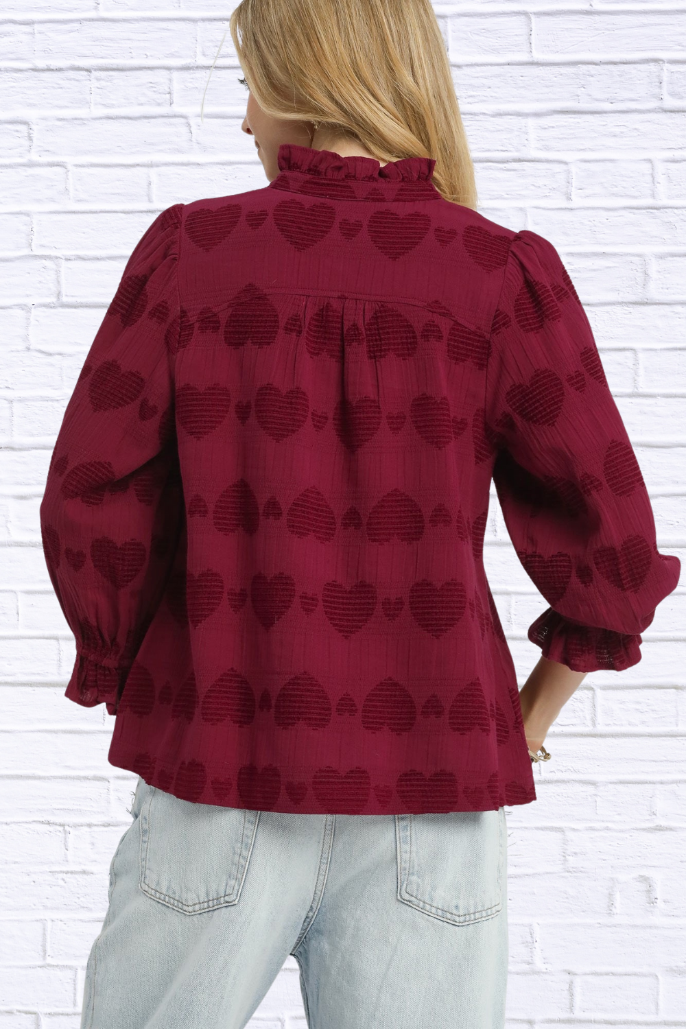Heart Jacquard Ruffle Trim Shirt