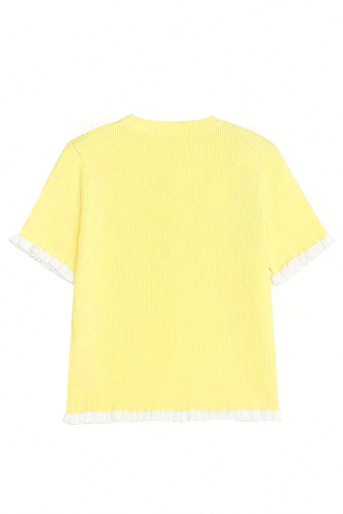 Yellow Cream Ribbed Knit Contrast Frilled Short Sleeve Sweater Cardigan