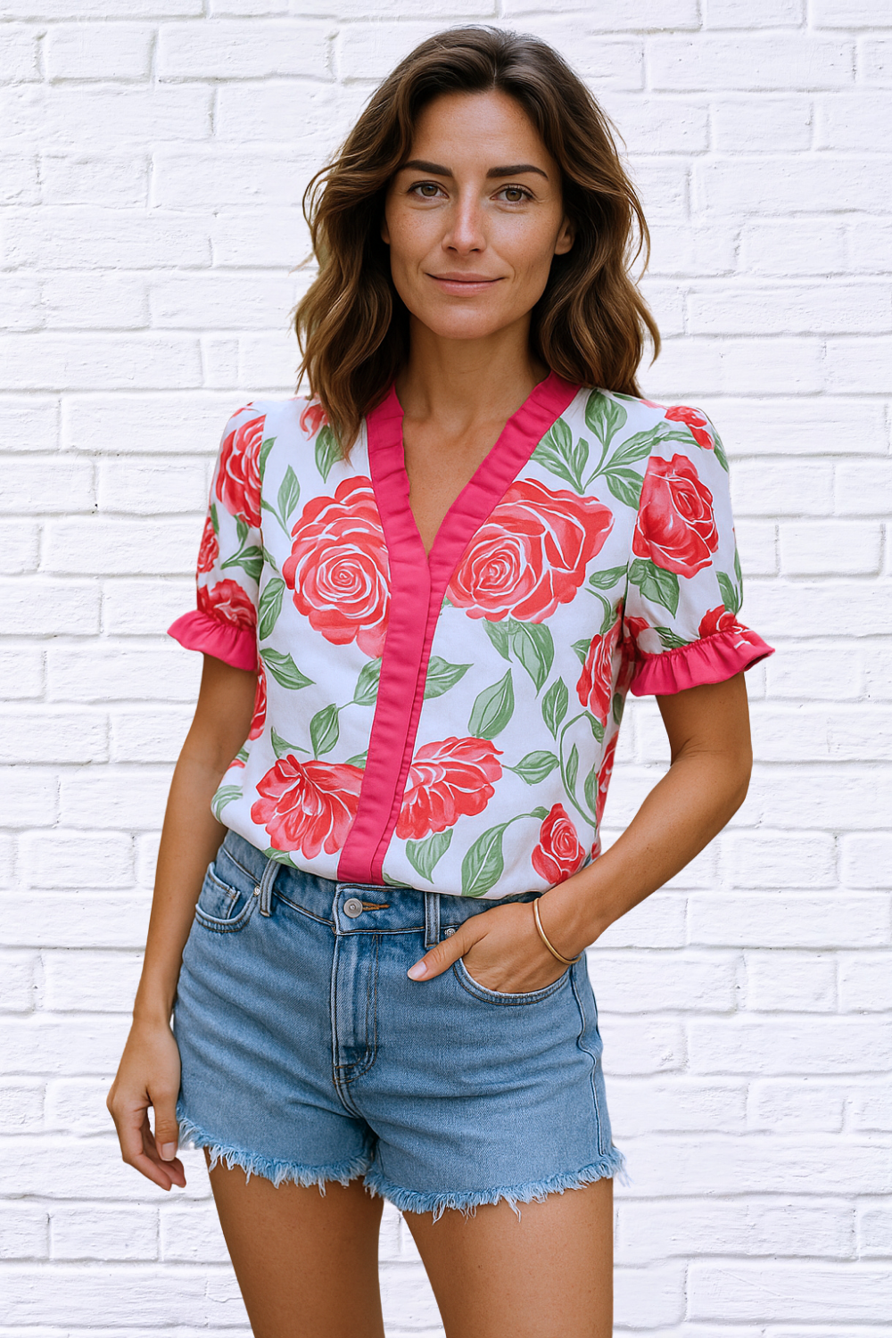 Floral Frilled V-Neck Short Sleeve Blouse Rose M