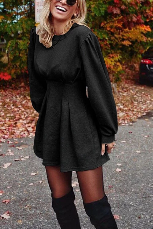 Clidress Puff Sleeves Sweater Dress Black