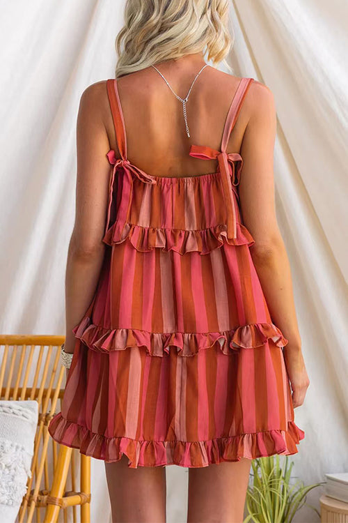 Adjustable strap Bow Detail Striped Ruffle Mini Dress
