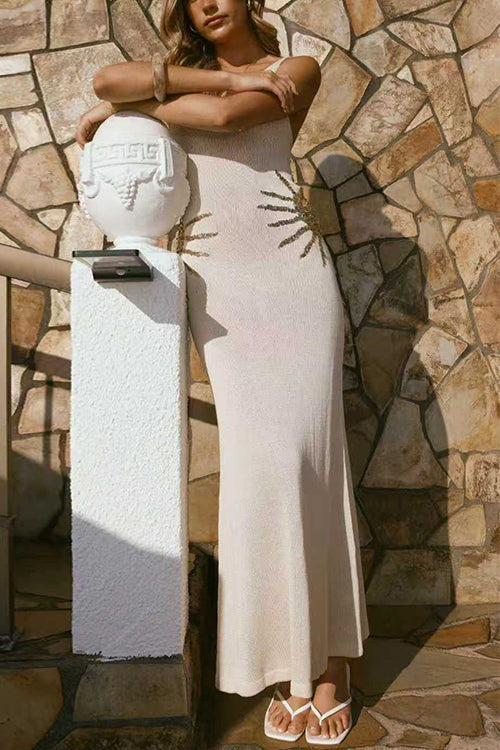 V Neck Sleeveless Knit Maxi Dress with Sequin