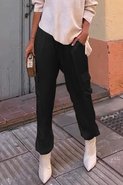 Casual Pocketed Cargo Satin Jogger Pants Black