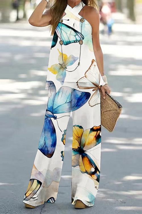 Criss Cross Halter Sleeveless Top Wide Leg Pants Printed Vacation Set Butterfly