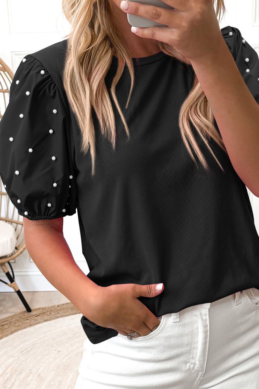 Pearl Detail Round Neck Short Sleeve Blouse