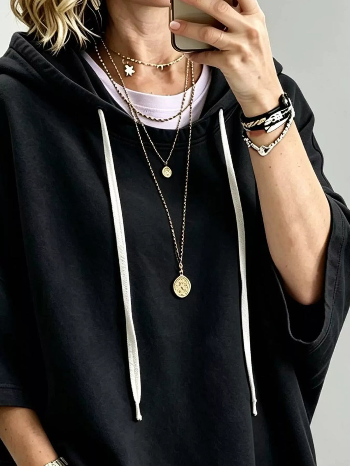 Drawstring 3/4 Sleeve Hoodie