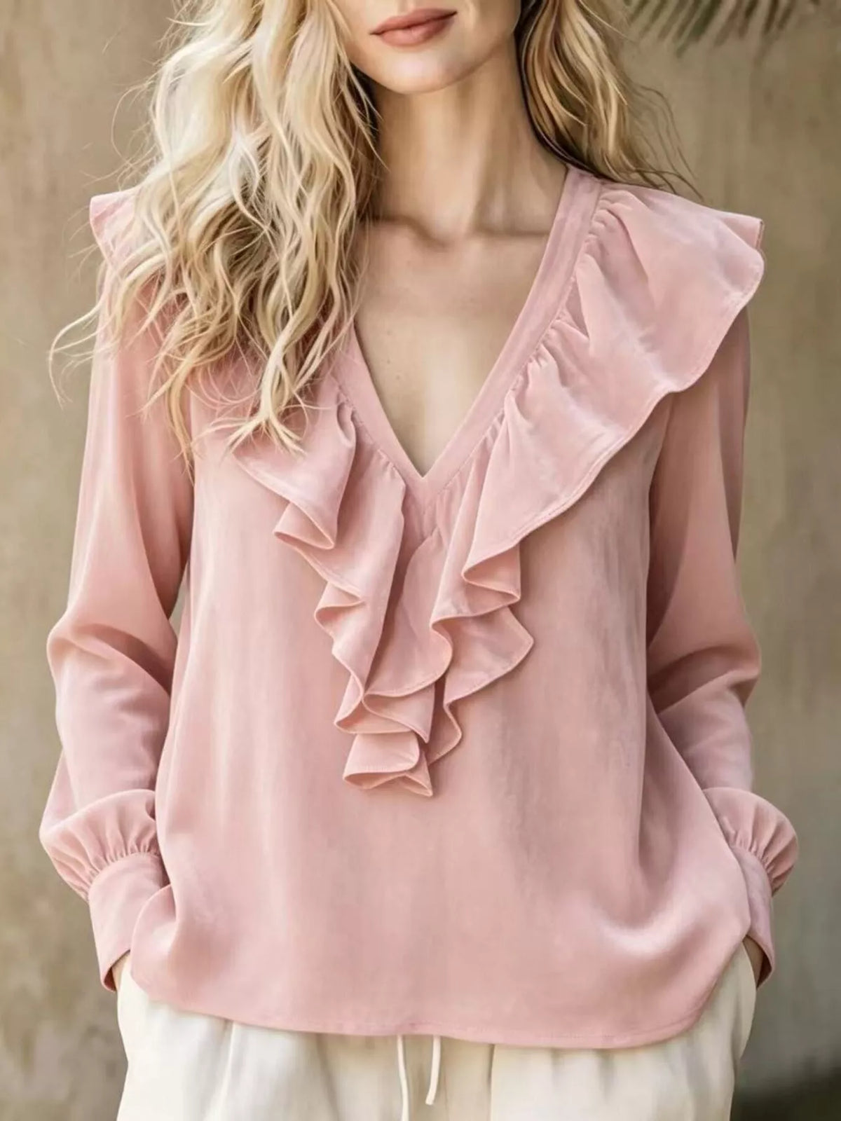 Full Size Ruffled V-Neck Long Sleeve Blouse Plus Size
