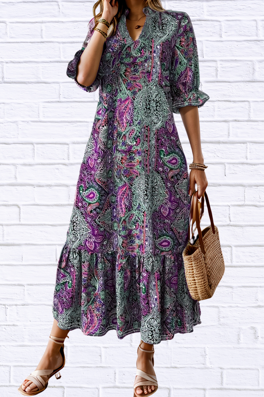 Bohemian Paisley Print Ruffle Hem Midi Dress Purple