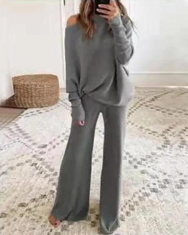 Clidress Sweater Wide Leg Knitting Pants 2 Pieces Set