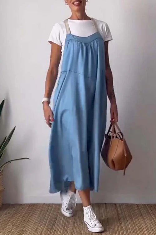 Color Block Casual Cotton Linen Maxi Beach Dress Blue