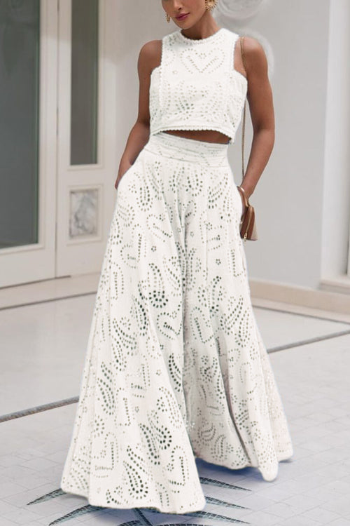Lace Hollow Out Crewneck Crop Tank Top High Waist Maxi Swing Skirt Set