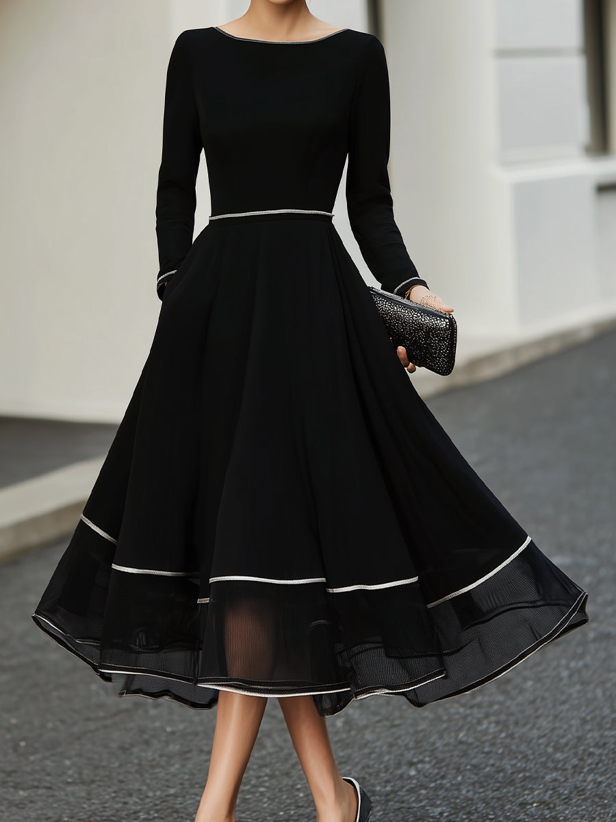 Long Sleeve Contrast Trim Midi Dress With Flared Skirt