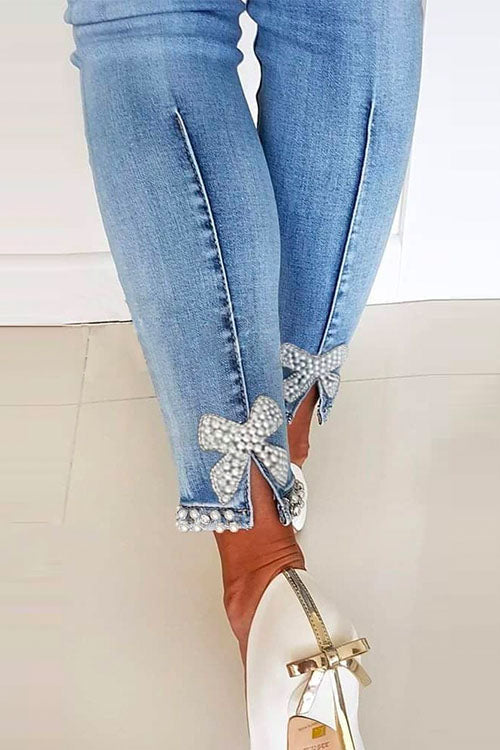 Bow Knot Pearl Beaded Pencil Denim Pants