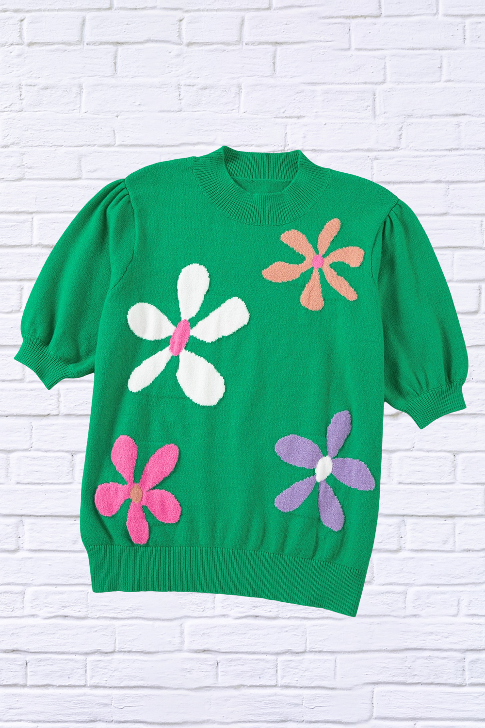 Flower Mock Neck Short Sleeve Sweater Green