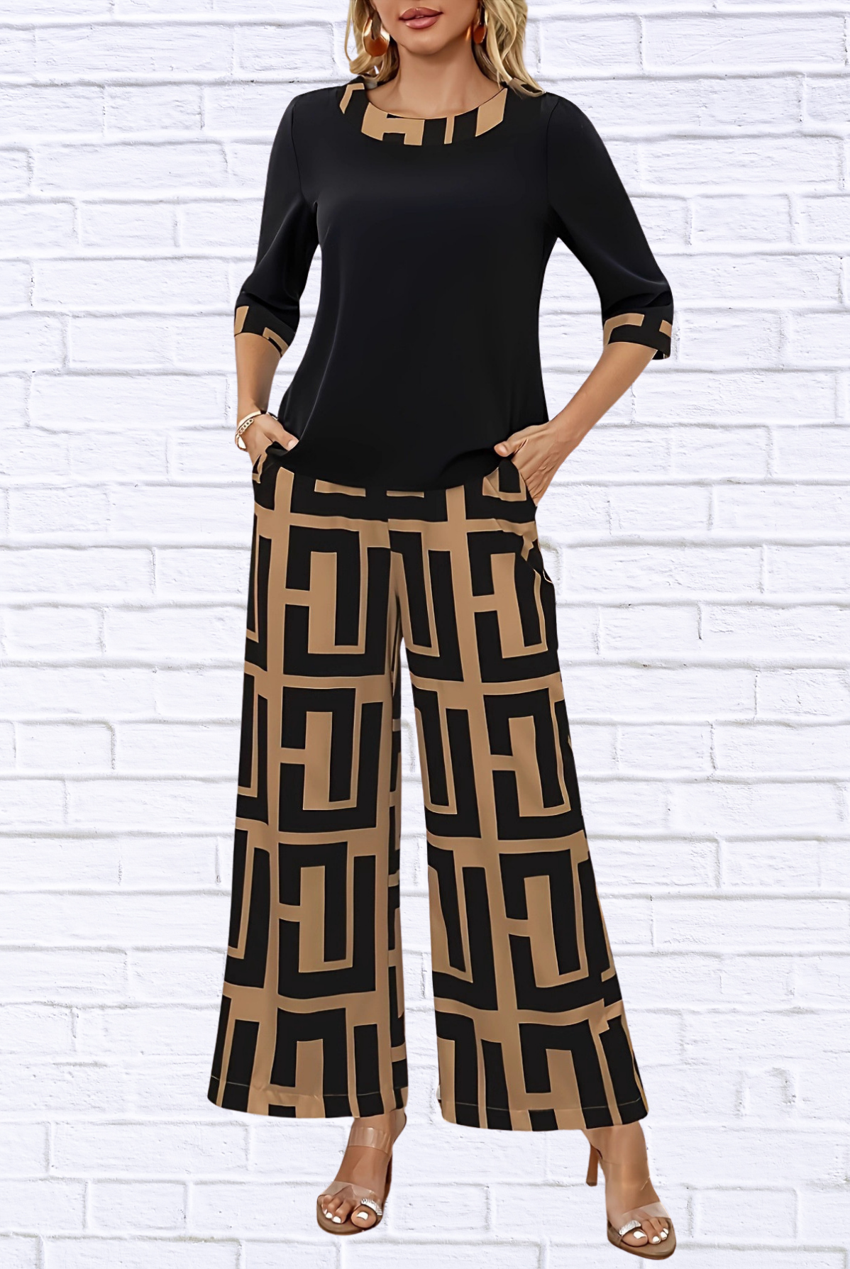 Geometric Print Round Neck Top and Pants Two-Piece Set Ochre
