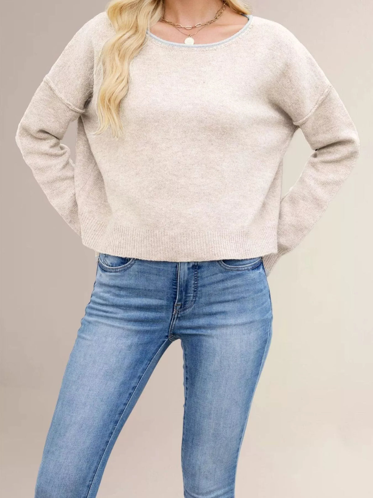 Contrast Trim Dropped Shoulder Sweater