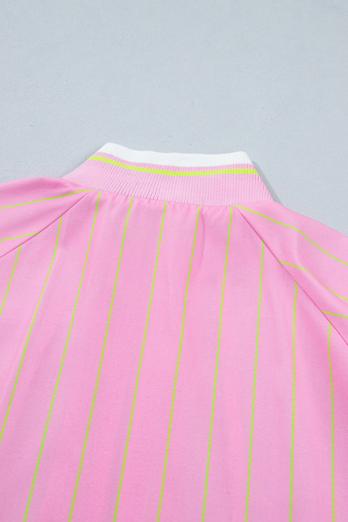 Pink Stripe Striped V-Neck Half Sleeve Zipper Ribbed Cuff Casual Shift Blouse