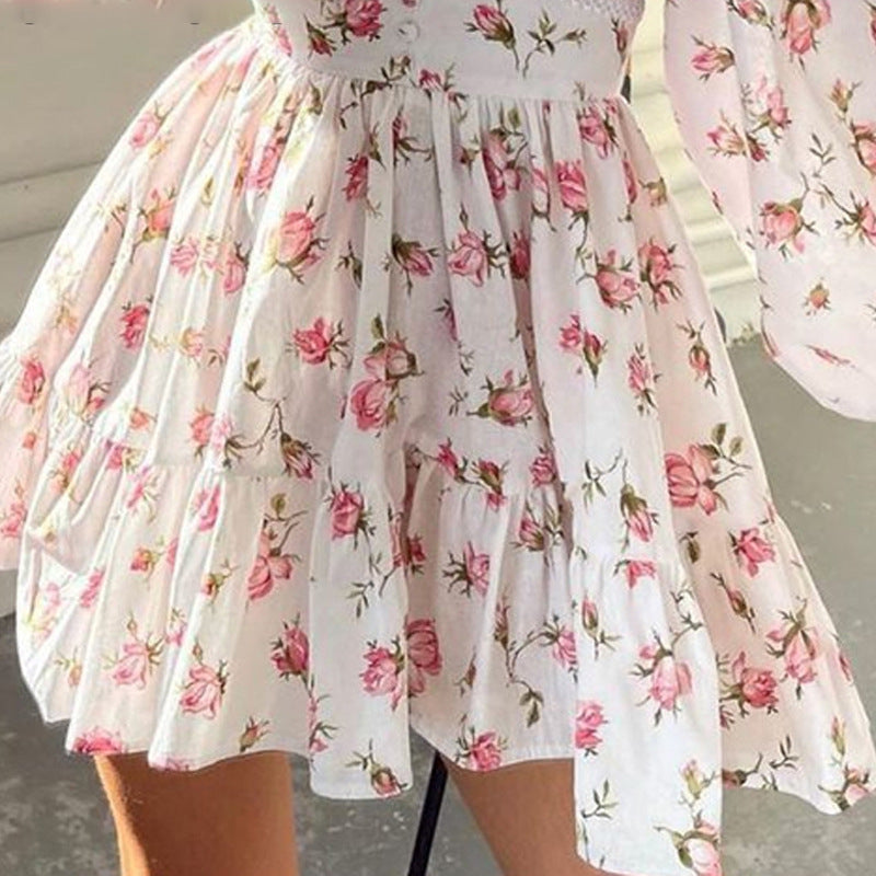 Sweet printed V-neck lace short dress