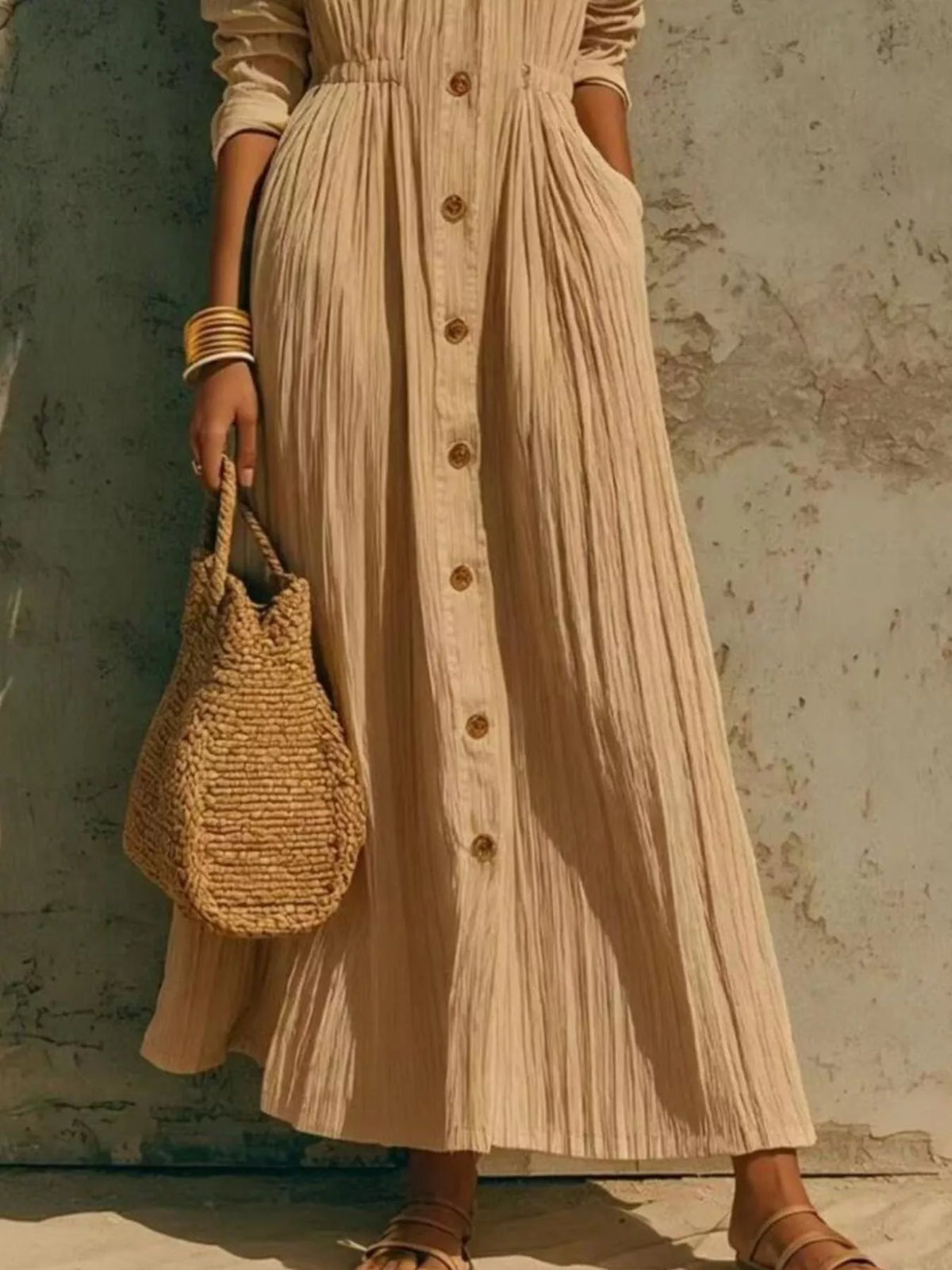 Button-Down Textured Maxi Shirt Dress