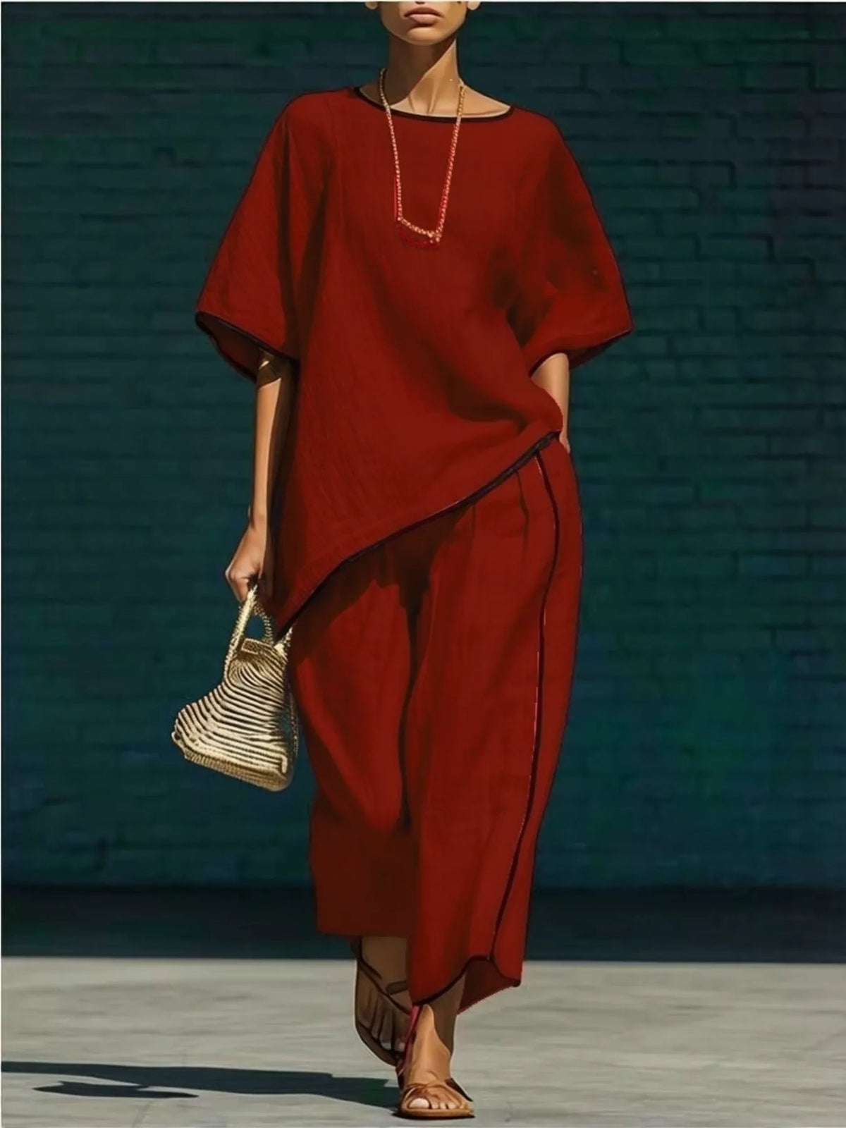 Contrast Trim Round Neck Top and Pants Set