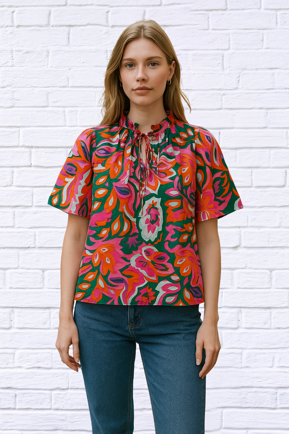 Tropical Print Short Sleeve Tie Neck Blouse – Multicolor Rose M