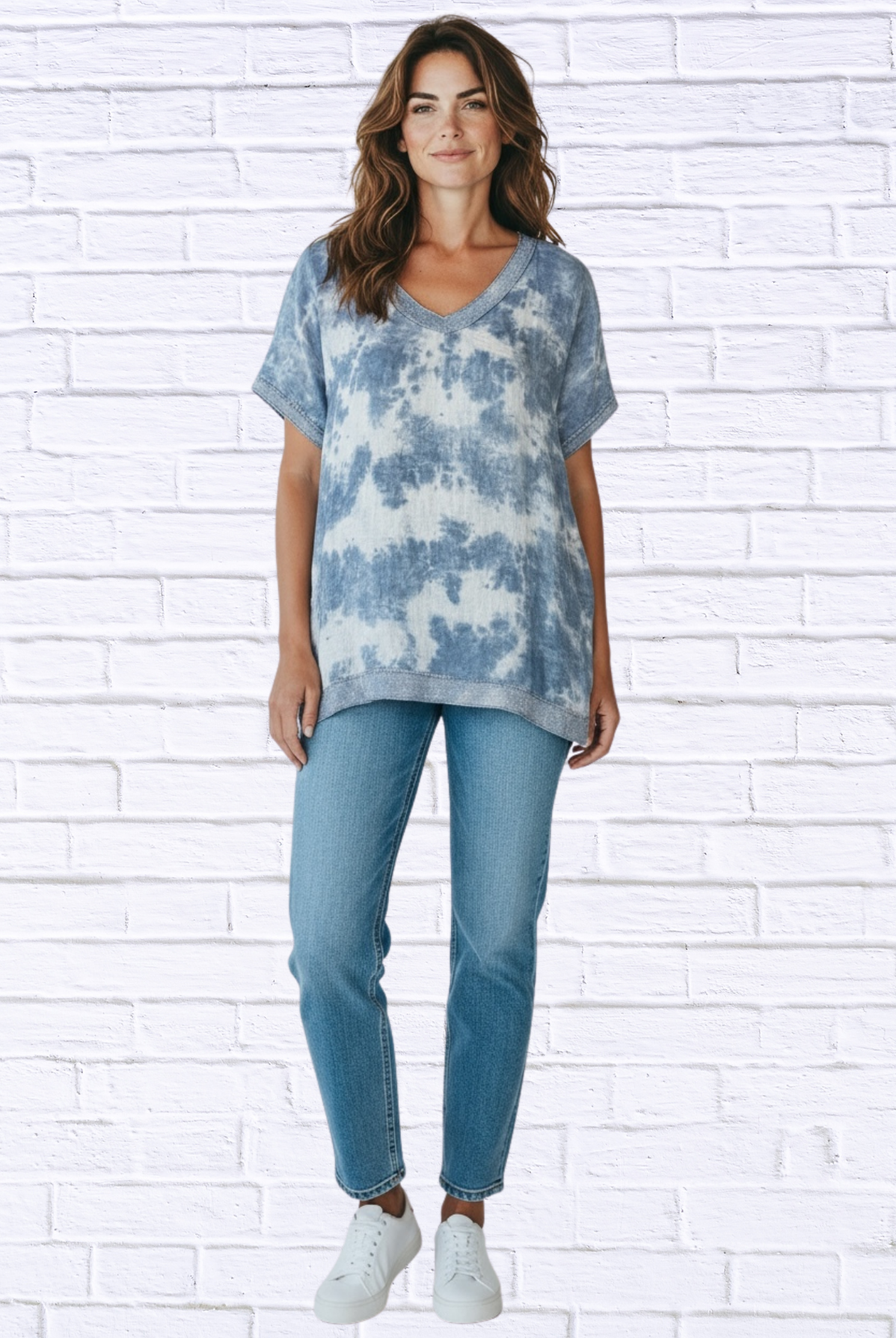 Washed Linen V-Neck Top with Silver Thread Trim – Relaxed Short Sleeve Casual Chic Blouse Tie-dye XL