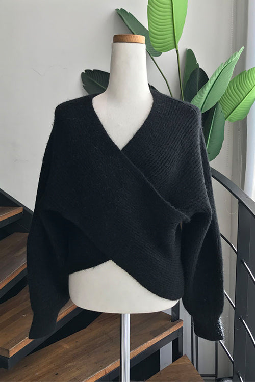 V Neck Batwing Sleeves Cross Front Sweater Black S M