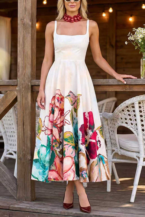 Square Neck Sleeveless Floral Print Midi Dress