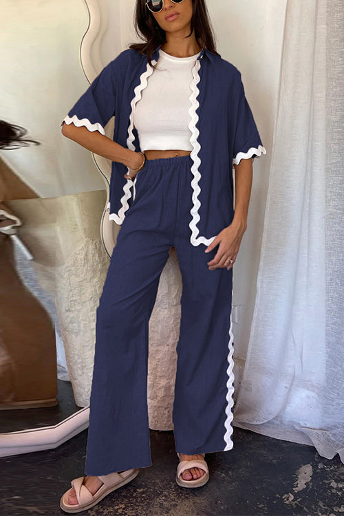Ric Rac Short Sleeves Button Up Shirt Elastic Waist Pants Set DarkBlue