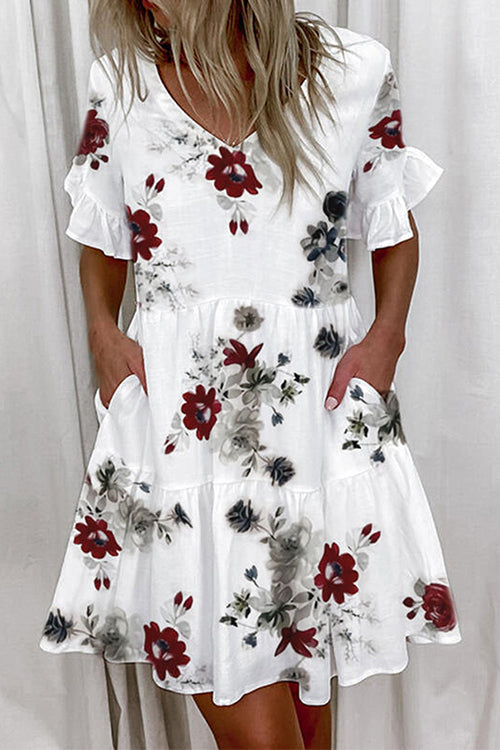 V Neck Ruffle Sleeves Pocketed Swing Mini Dress Floral