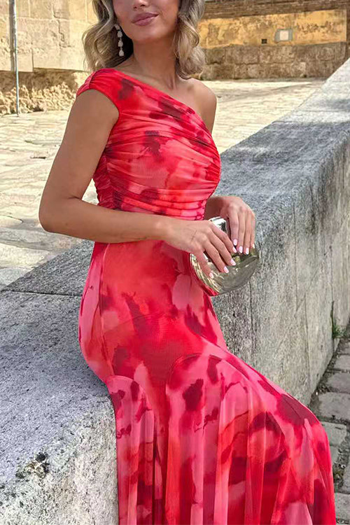 Off Shoulder Ruched Crop Top High Rise Maxi Skirt Printed Set