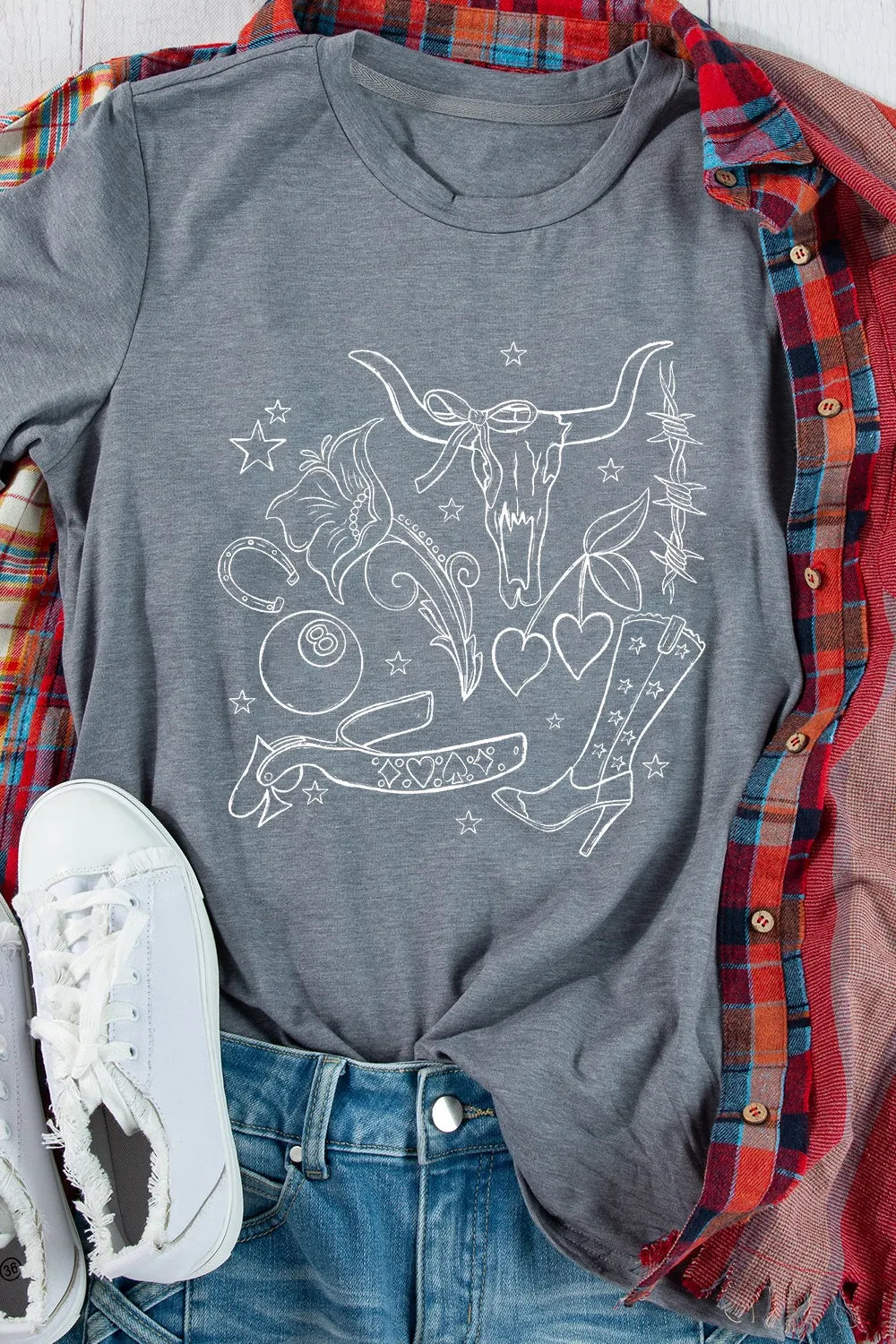 Cowgirl Boots Ox Head Western Graphic Crewneck Tee
