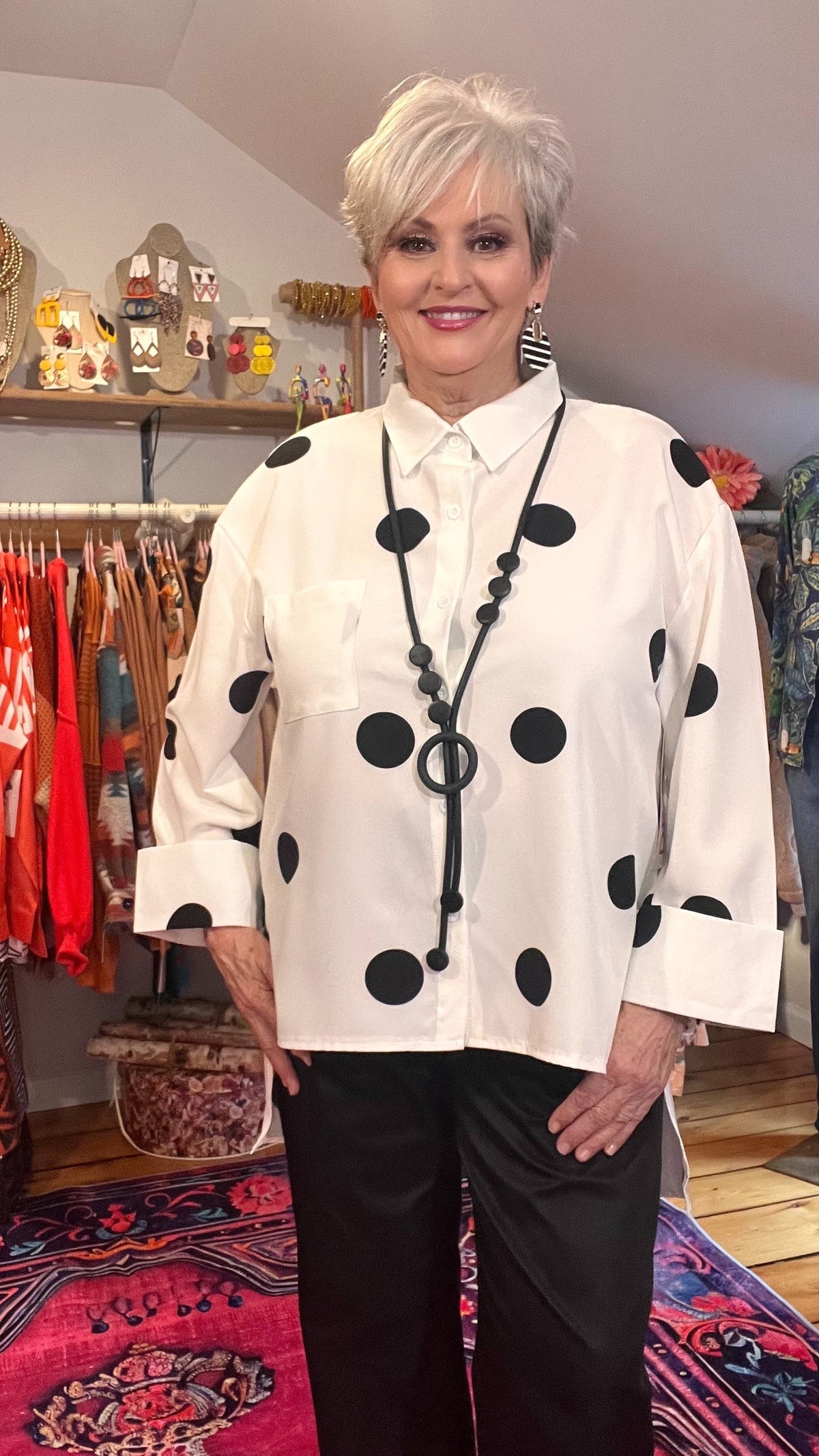 Polka Dot Perfection: Collared Button-Through Blouse with High-Low Hem Black