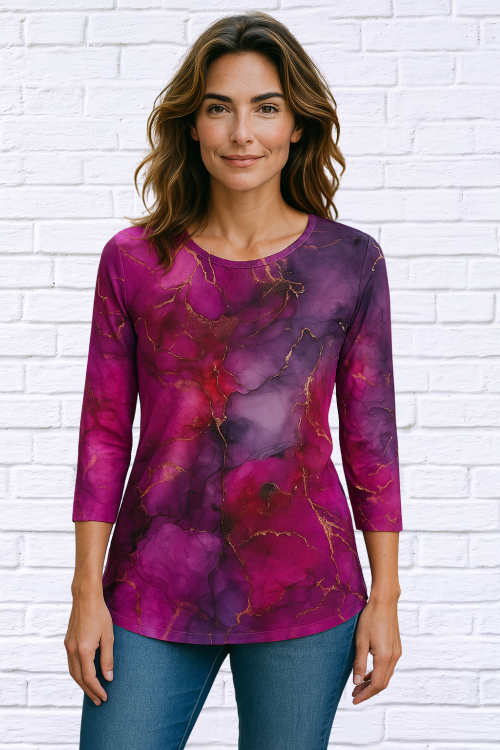 Three-Quarter Sleeve Marble Crew Neck T-Shirt