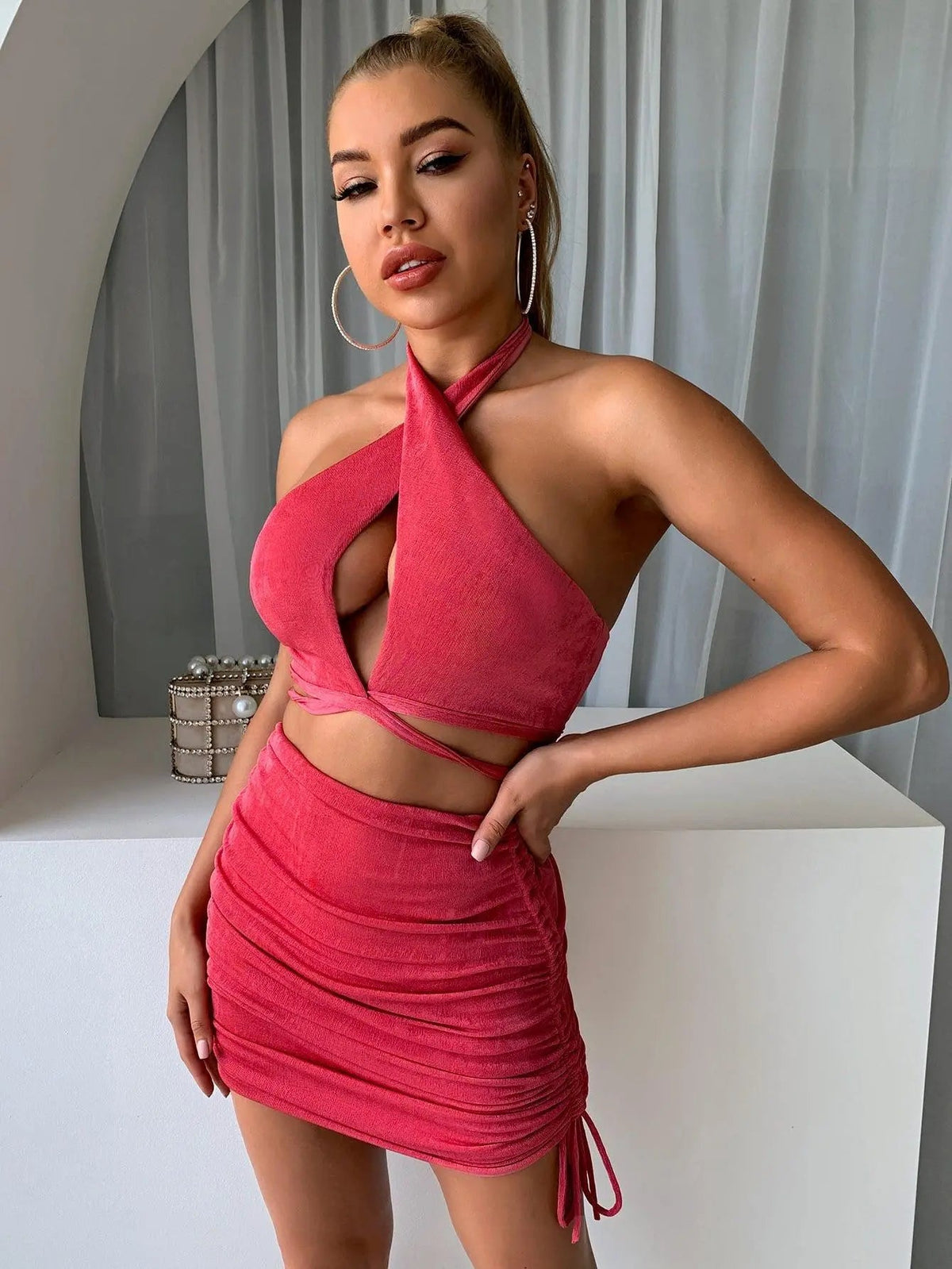 Halter Neck Cropped Top and Drawstring Ruched Skirt Set