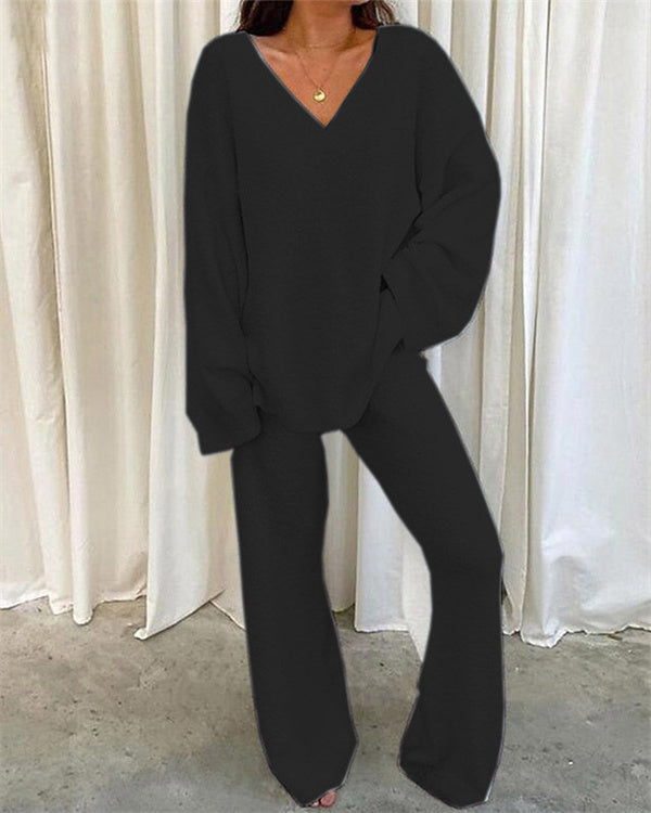 Clidress Solid V Neck Warm Soft 2 Pieces Set