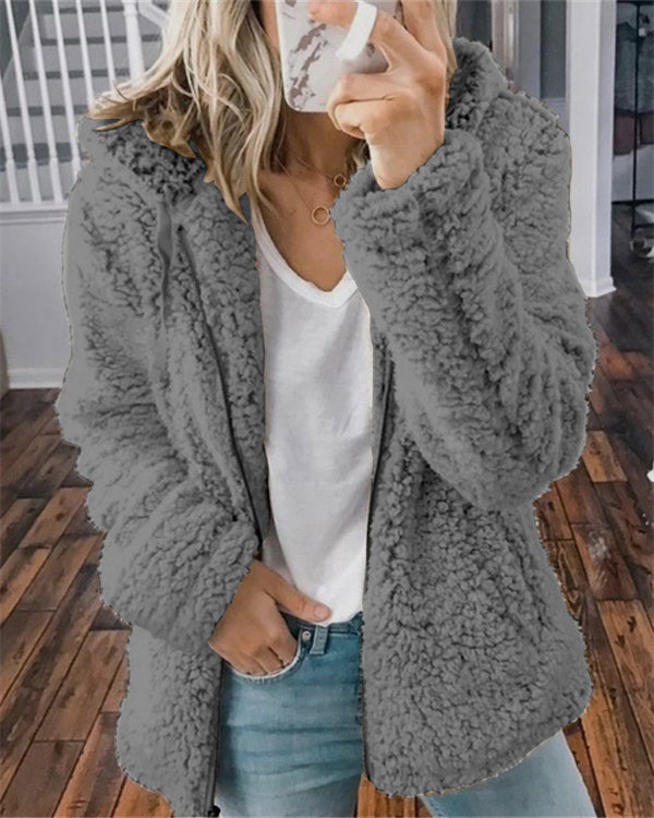Clidress Lapel Zipper Soft Velvet Jacket Coat