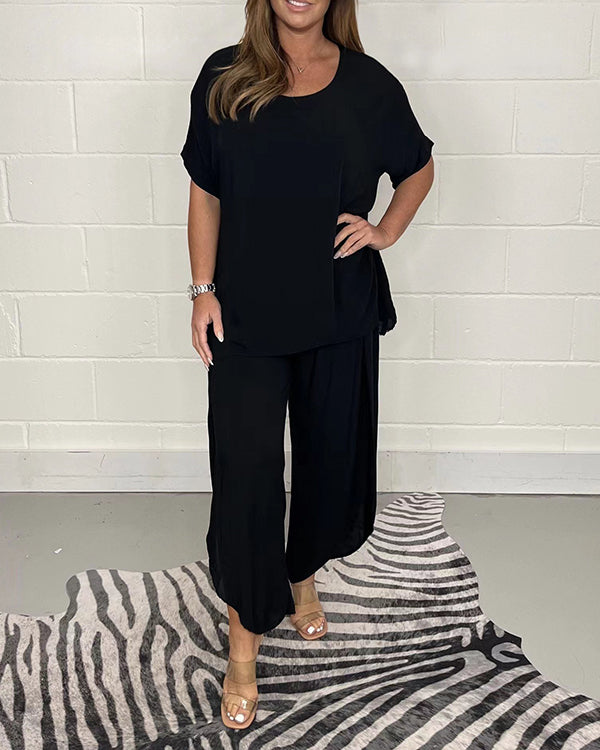 Clidress Solid O Neck T-shirt & Pants Set