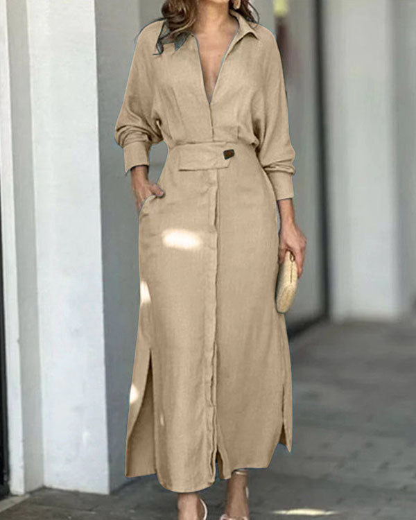 Clidress Lapel Waist Belt Long Shirt Dress